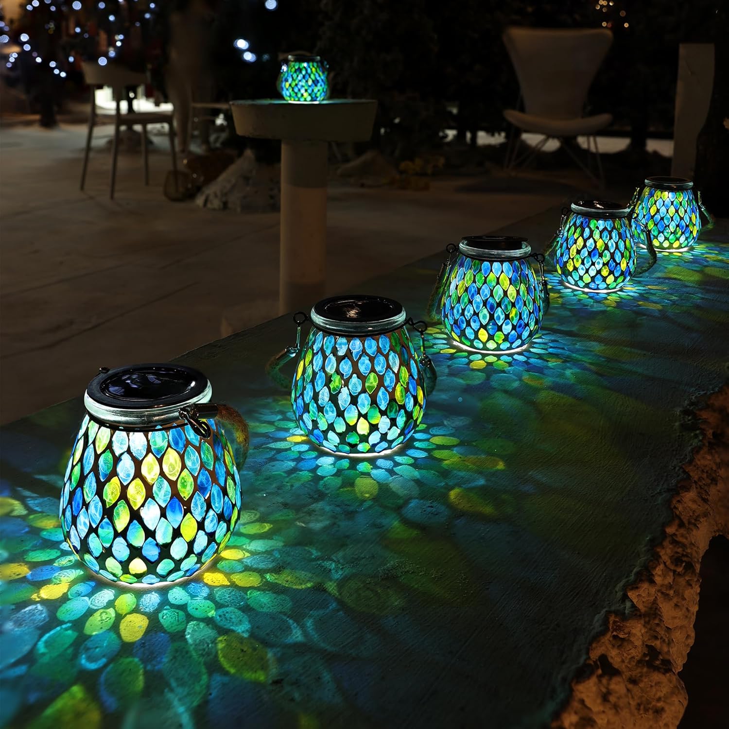Cooo 2 Pack Mosaic Solar Lantern Outdoor Waterproof IP68 Hanging Projection Light Hidden Lid Pear-Shaped Lantern with Rope Handle Solar Powered Auto On for Patio Garden Fence Table - Azure Lattice
