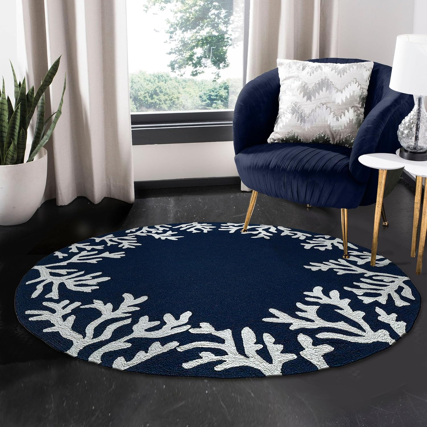 Liora Manne CAPRI Indoor/Outdoor Handmade Synthetic Blend Durable Area Rug - Traditional Border Coastal Beach Accent (Coral Border Navy) (5' Round)