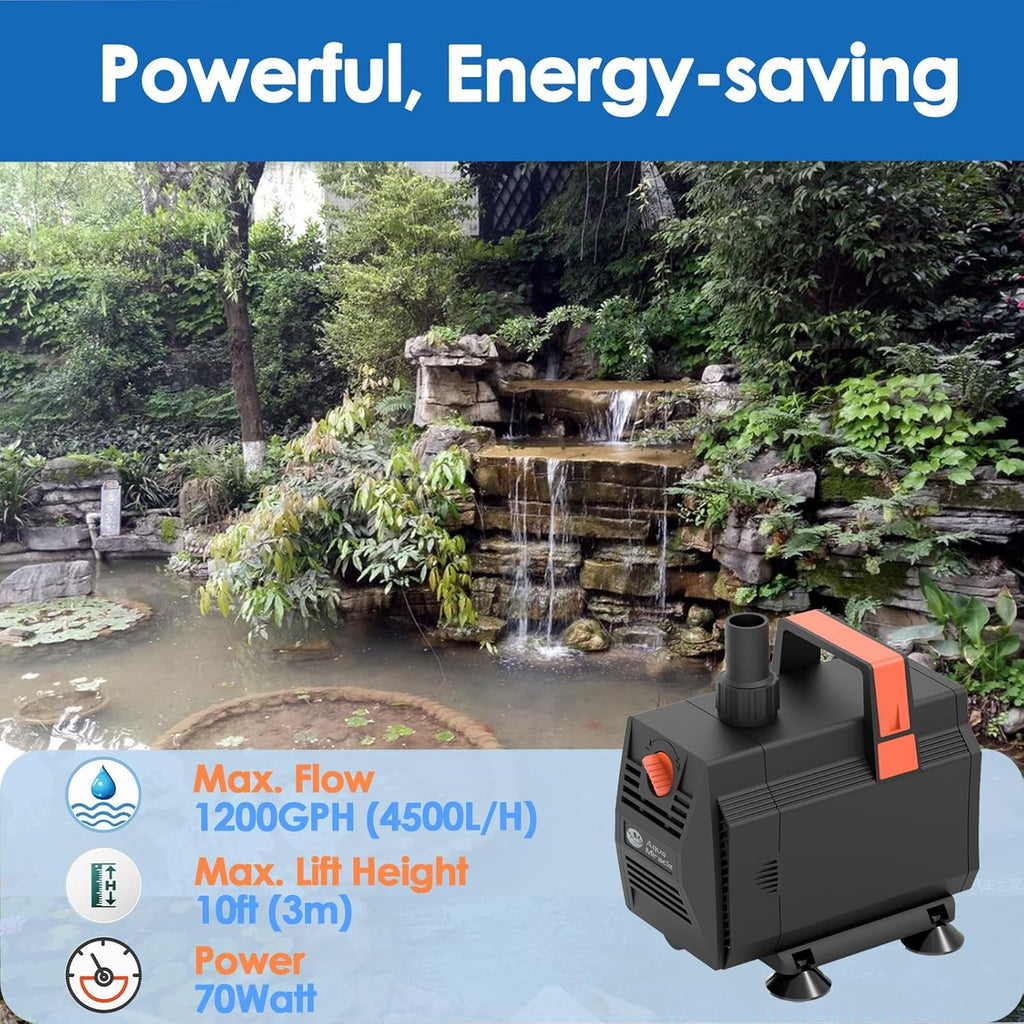 AquaMiracle 1200GPH Submersible Water Pump Pond Pump(4500L/H, 70W), Water Fountain Pump Aquarium Water Pump with Flow Control for Fish Tank, Waterfall, Statuary, Filtration, Water feature, Hydroponics