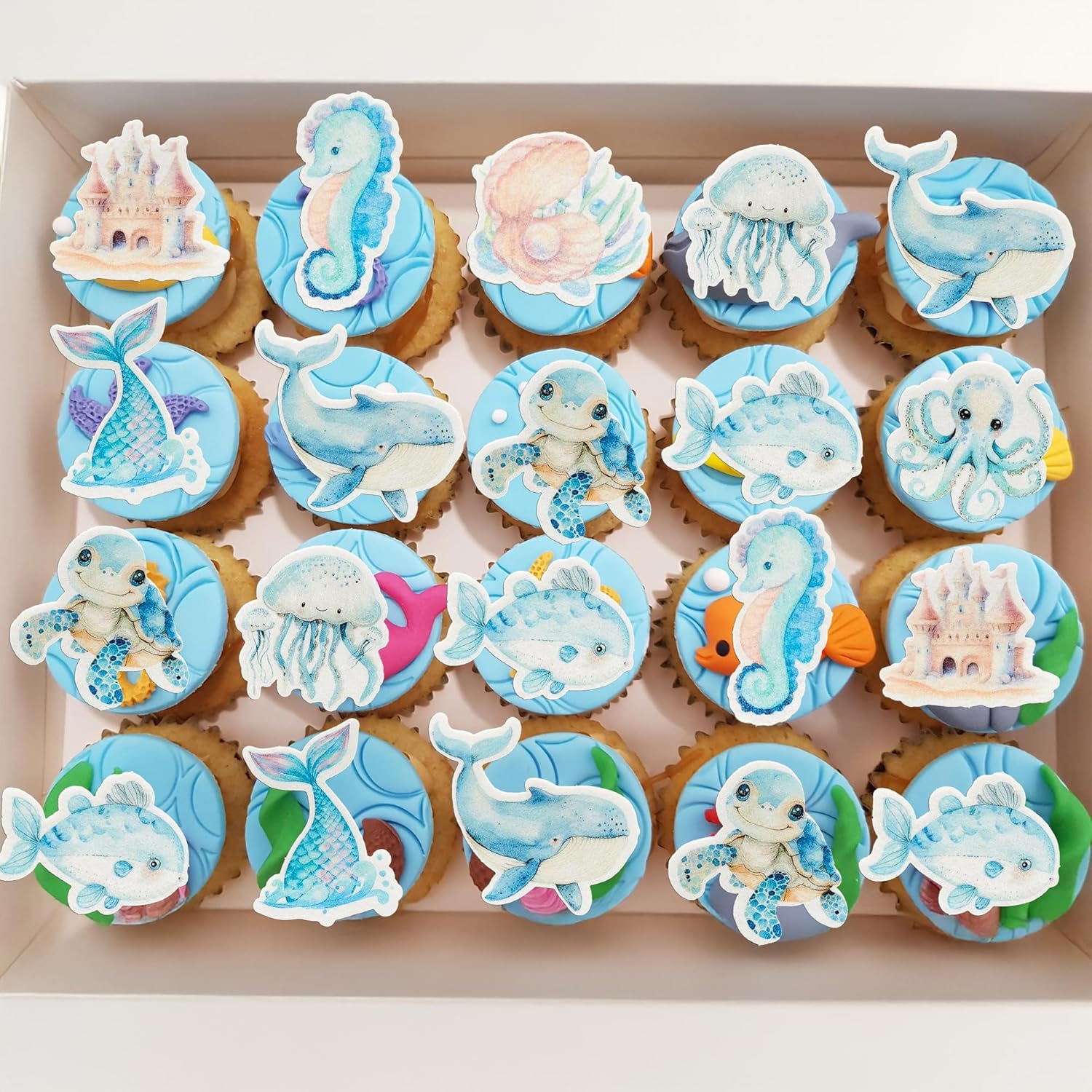 Ephlyn 54Pcs Edible Ocean Animal Cupcake Toppers Wafer Paper Octopus Dolphin Turtle Crab Mermaid Tail Cake Picks for Under the Sea theme Birthday Party Supplies Pink Blue