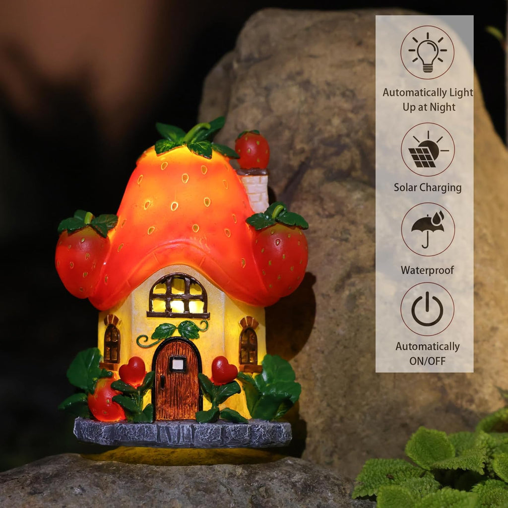 Solar Fairy Garden Houses - Fairy Outdoor Decor Strawberry Houses with Solar Light for Patio Balcony Yard,Lawn Ornament Perfect Garden Gift