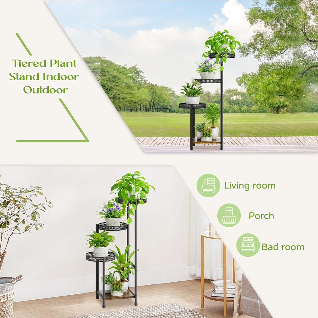 Plant Stand Indoor Outdoor, 4 Tier Metal Flower Pot Shelf Holder Clearance, Tall Corner Rack for Multiple Plants, Modern Organizer Display for Patio Orchid Office Porch Living Room Garden, Black