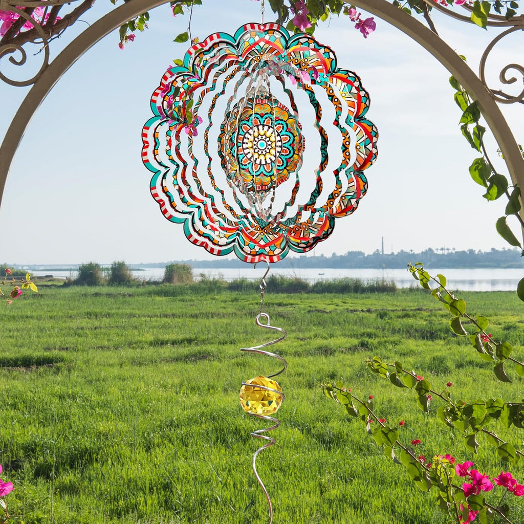 Mandala Wind Spinner - Lucky Star Design | 12-Inch Laser Cut Stainless Steel, Kinetic Hanging Wind Sculpture for Garden, Porch, Patio, Home | Outdoor 3D Metal Windcatcher & Yard Art