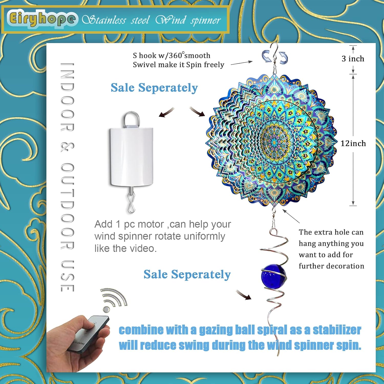 Wind Spinner Mandala Peacock - 12In Laser Cut Stainless Steel Wind Spinners Outdoor, 3D Kinetic Hanging Sculpture, Rustproof Metal Garden Decor Yard Art, Unique Gift for Women, Men, Holidays