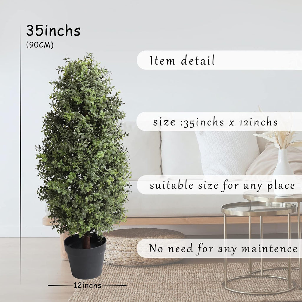 35inch Artificial Topiary Boxwood Tree, Faux Plants Outdoor 2 Packs Fake Bushes Faux Shrub, Artificial Topiary for Outdoors for Home Decor Indoor Front Porch