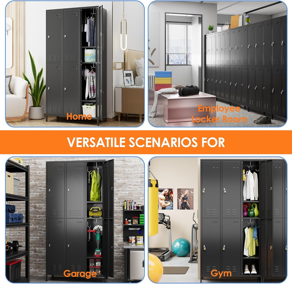 6 Doors Metal Lockers for Employees with 6 Shelves and 18 Hooks, Storage Locker with Business Card Holder for Office Gym School Bedroom, Assembly Required, Black