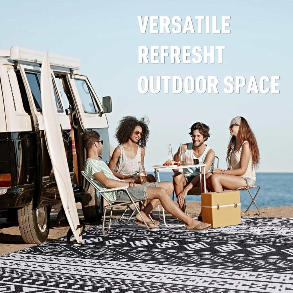 WILDROOTS 9x12 Feet Black and White Plastic Outdoor Rug, Stain Resistant Waterproof Reversible Outdoor Patio Rug, Fade Resistant Camping Rug