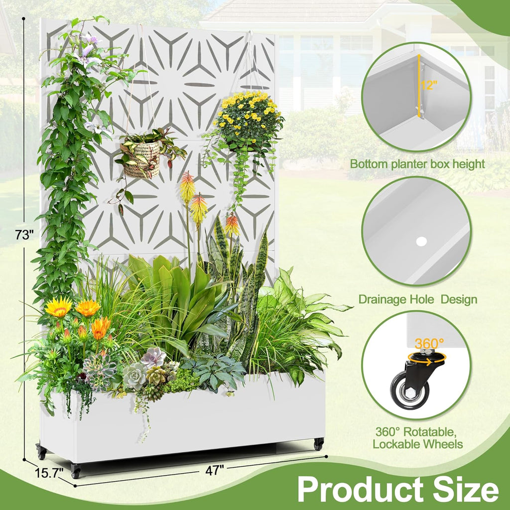 Raised Garden Bed with Trellis and Wheels,73"x47"x16" Metal Raised Garden Bed,White Star Metal Planter with Climbing Trellis for Vines & Vegetables