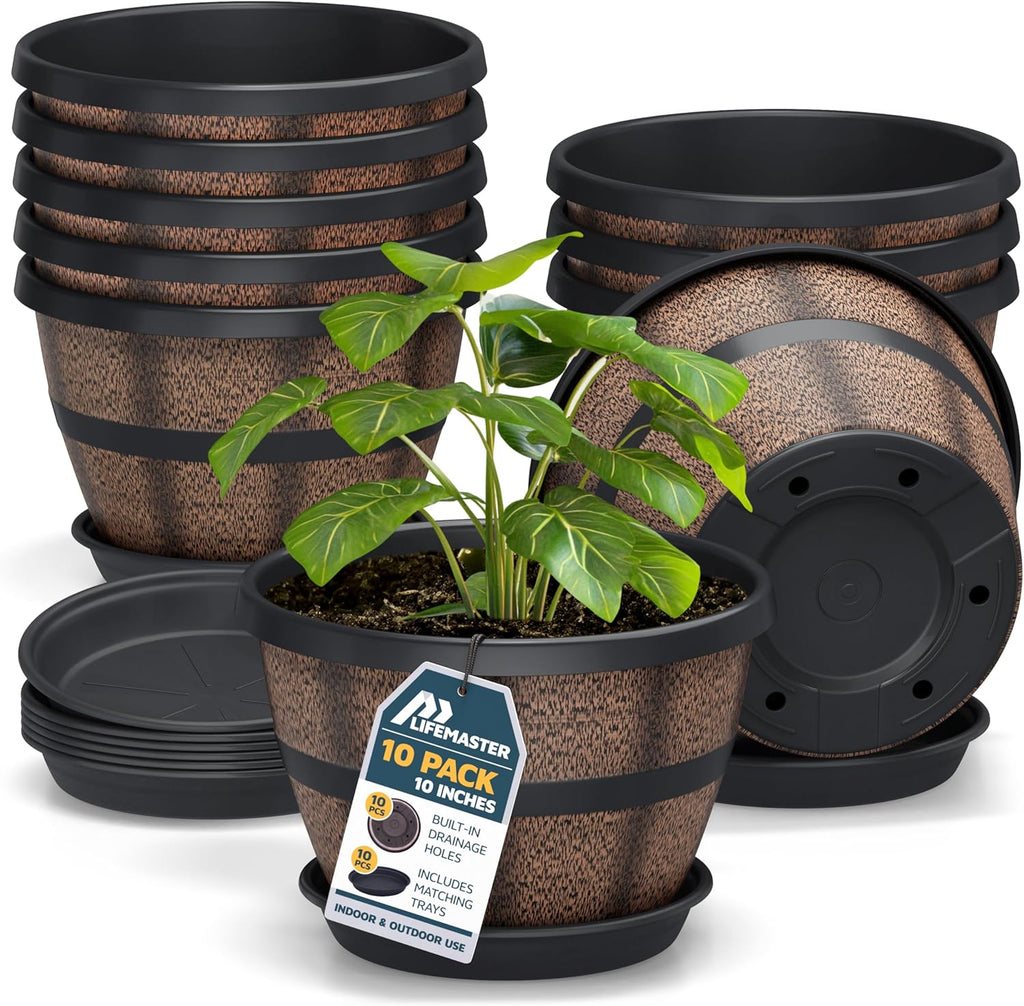 10-Inch Whiskey Barrel Planters Outdoor Pack of 10 - Durable Plastic Plant Pots for Indoor & Outdoor Use with Drainage & Saucer, Lightweight Rustic Barrel Planters for Flowers, Herbs & Small Plants
