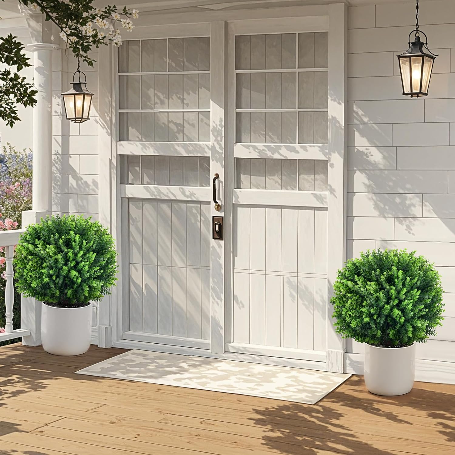 Artificial Topiary Tree with Eucalyptus, Set of 2 UV Resistant 17in Miniature Trees, Outdoor for Porch, Fake Bonsai Topiaries, Greenery Balls, Faux Shrubs for Planters, Curb Appeal Decor