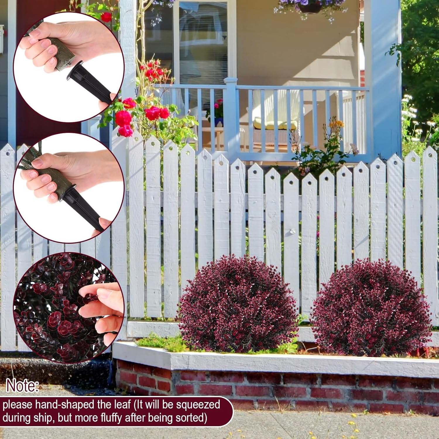 Yunlly 2 Pcs 18 Inch Artificial Boxwood Ball Topiary Tree Fake Outdoor Plants Bush, UV Resistance Faux Shrub with Spike Realistic Greenery Potted for Indoor Garden Yard Porch Patio Decor (Dark Purple)