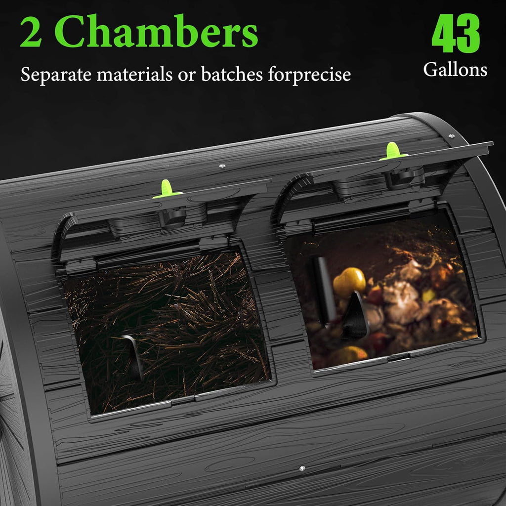 Dual Chamber Tumbling Composter 43 Gallon Large Outdoor Tumbling Composter Efficient Batch Composting Easy Turn Design (Black)