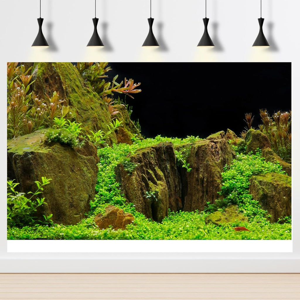 Aquarium Background Exquisite Underwater Grass with Moss Aquarium Backdrop Mysterious Stone Aquarium Background Durable Vivid and Fresh Leaves Background Tank Backdrop Decor Vinyl 24x16in