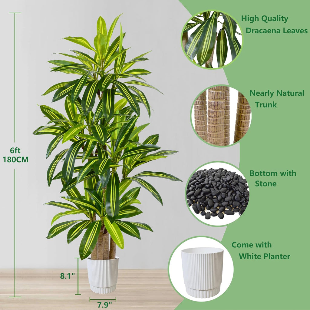 Artificial Dracaena Tree 6ft, Fake Yucca Plant with White Planter and Lifelike Leaves, Faux Dracaena Tall Floor Trees for Home Office Garden Décor