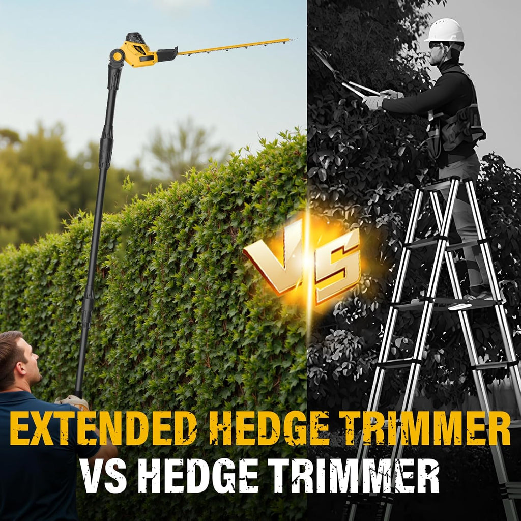 Pole Hedge Trimmer Cordless, 9-Feet Reach Power Hedge Trimmer with Extension Pole, MAX 20-inch, Multi-Angle, 2.0Ah Battery and Fast Charger Included (One Battery Pack)
