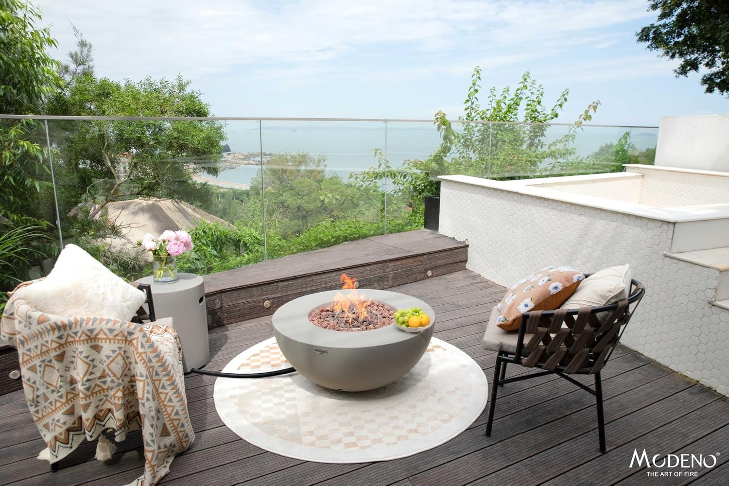 AMS Fireplace | Modeno Roca Package | Light Gray Natural Gas Fire Pit Table for Outdoor Patio Bundle with Wind Guard and SS Burner Lid | Free Rubber Mat & Ice Bucket