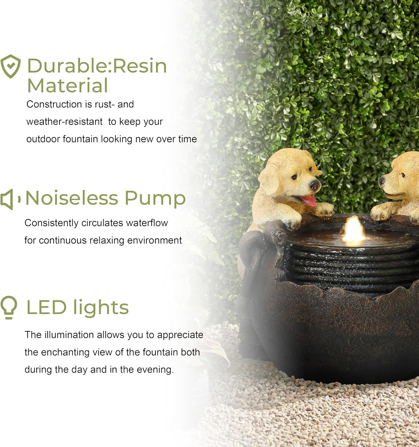 LuxenHome Outdoor Water Fountain, 16 Inch Adorable Puppies Resin Water Fountains Indoor with LED Lights, Farmhouse Waterfall Outdoor, Indoor Fountains and Waterfalls for Patio, Garden Decor