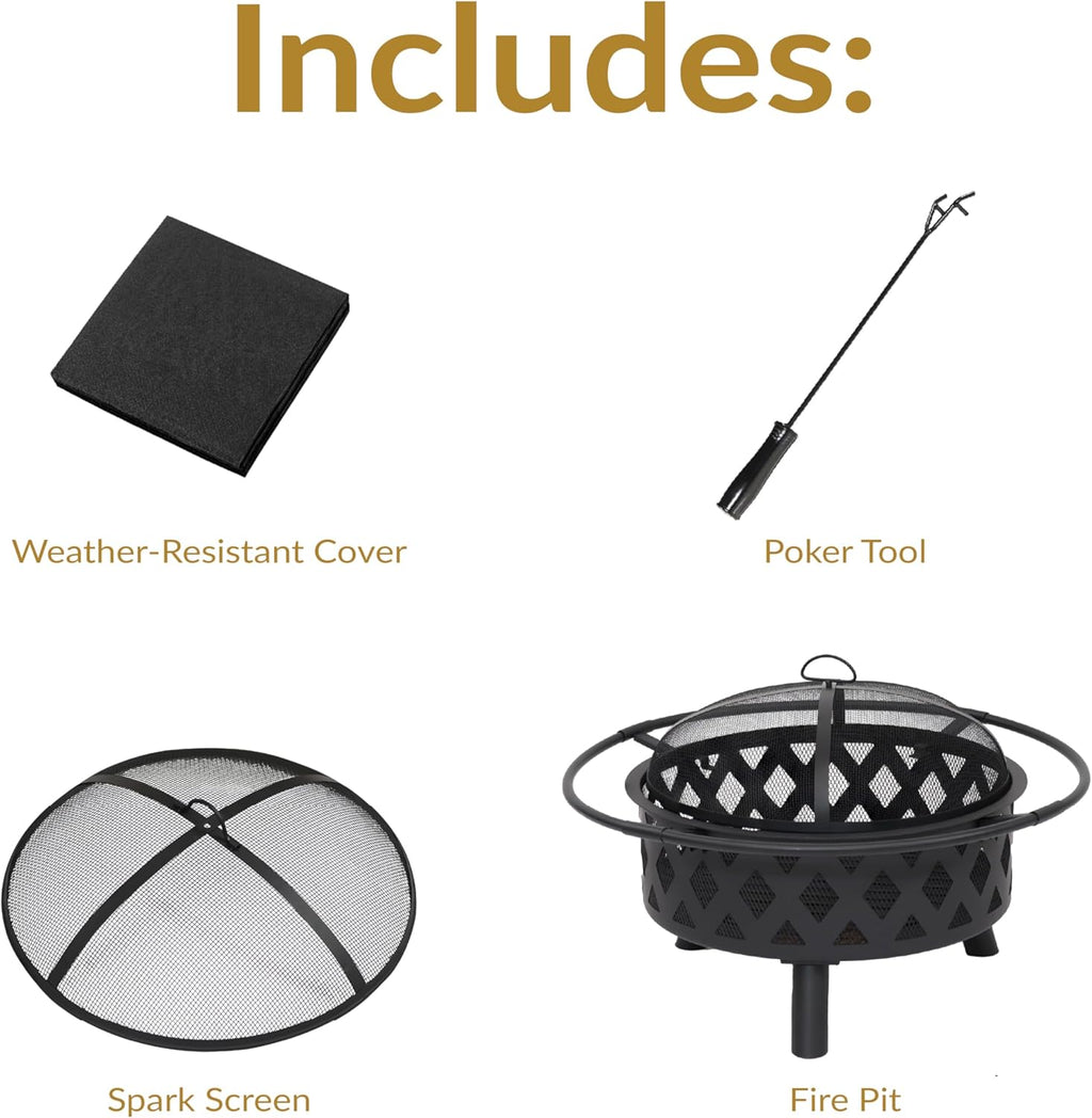 Sunnydaze Crossweave Outdoor Fire Pit - Wood-Burning Fire Pit for Outside with Spark Screen, Poker and Round Cover - 30-Inch - Black