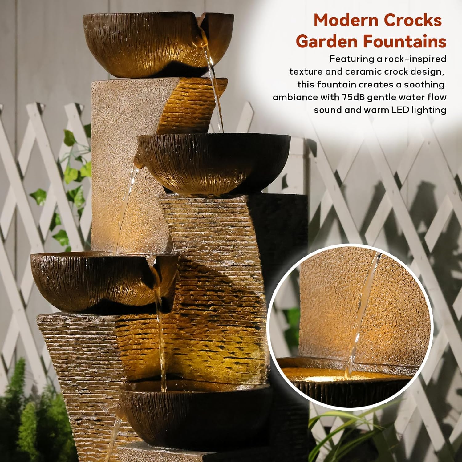 51.4" H Large Water Fountain Outdoor&Indoor, 5-Tiers Cascading Modern Feature Crocks Garden Fountains and Waterfalls with Warm Lights for Porch, Deck, Patio, Home Décor (Brown)