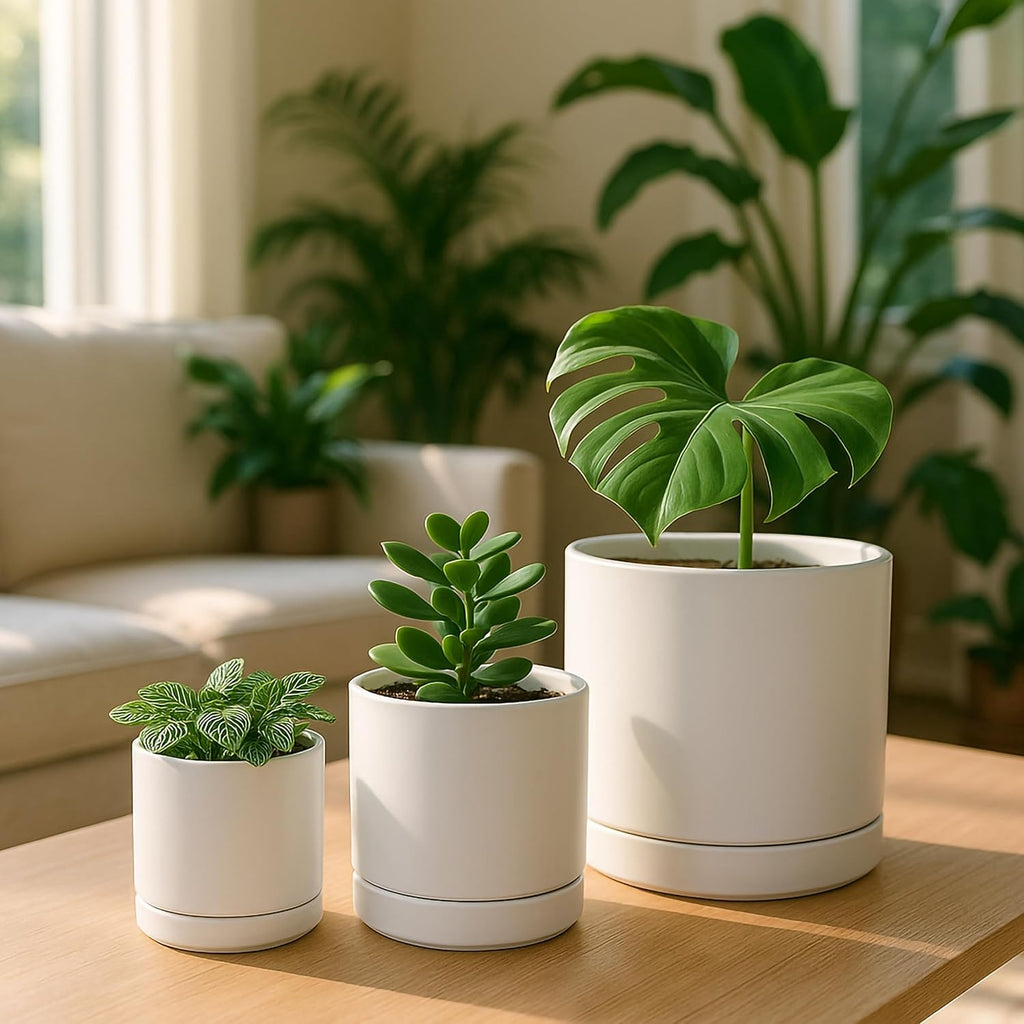 D'vine Dev 3 Inch & 4 Inch & 6 Inch, Set of 3 Round Ceramic Planter Pot with Drainage Hole and Saucer, White, 94-T-S-1