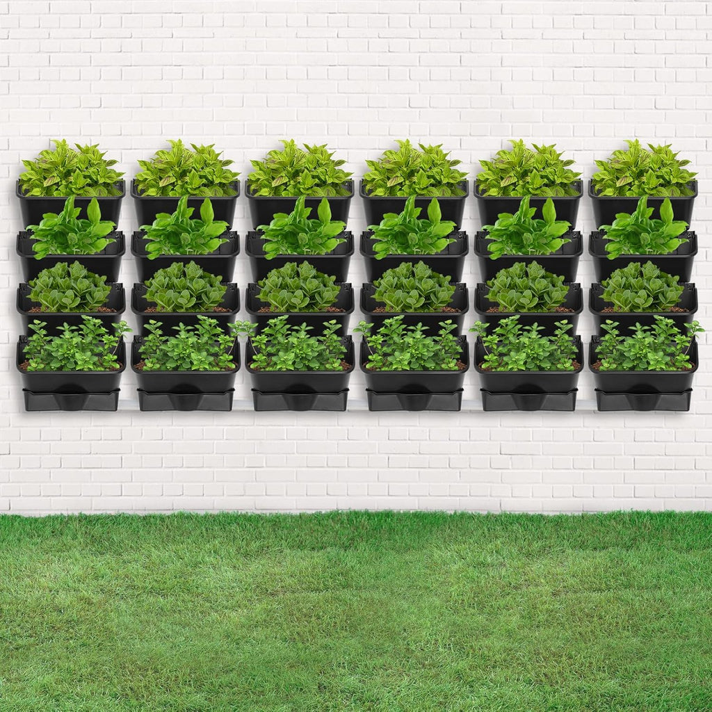 Vertical Wall Planter with 24 Pots, Hanging Garden Plant Flowerpot Holder, Stackable Wall-Mounted Planter, Balcony Planters for Flowers Vegetables Fruits (Black, 24 Pots+6 Drainage Planters&Pipe)