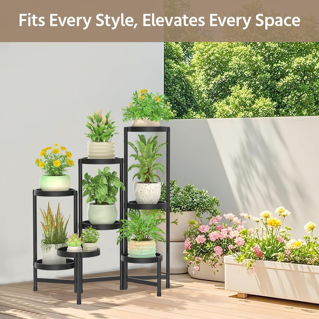 LASZOLA 8 Tiered Folding Plant Stand Indoor for Multiple Large Planter, Tall Heavy Duty Adjustable Rack with Rust Proof Plastic Shelving, Sturdy Vertical Tree Organizer for Narrow Inside Floor, Black