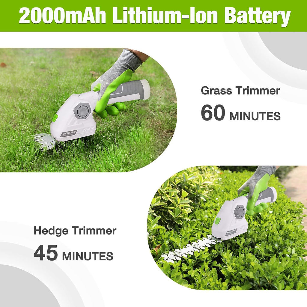 WORKPRO Cordless Grass Shear & Shrubbery Trimmer - 2 in 1 Handheld Hedge Trimmer 7.2V Electric Grass Trimmer Hedge Shears/Grass Cutter 2.0Ah Rechargeable Lithium-Ion Battery and USB Cable Included