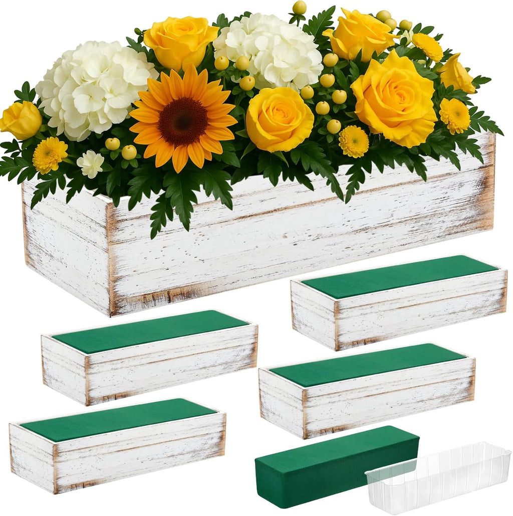Dandat 5 Set Wood Boxes for Centerpieces 12x4 Inch Rectangle Wooden Planter Box Rustic Wooden Planters with Removable Plastic Liner Floral Foam Blocks for Home Wedding Garden Decor