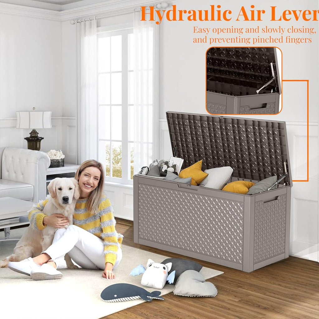 100 Gallon Resin Deck Box, Lockable Outdoor Storage Box for Patio Cushions Storage Furniture,Garden Tools, Pool Supplies, Weatherproof and UV Resistant (Grey L)