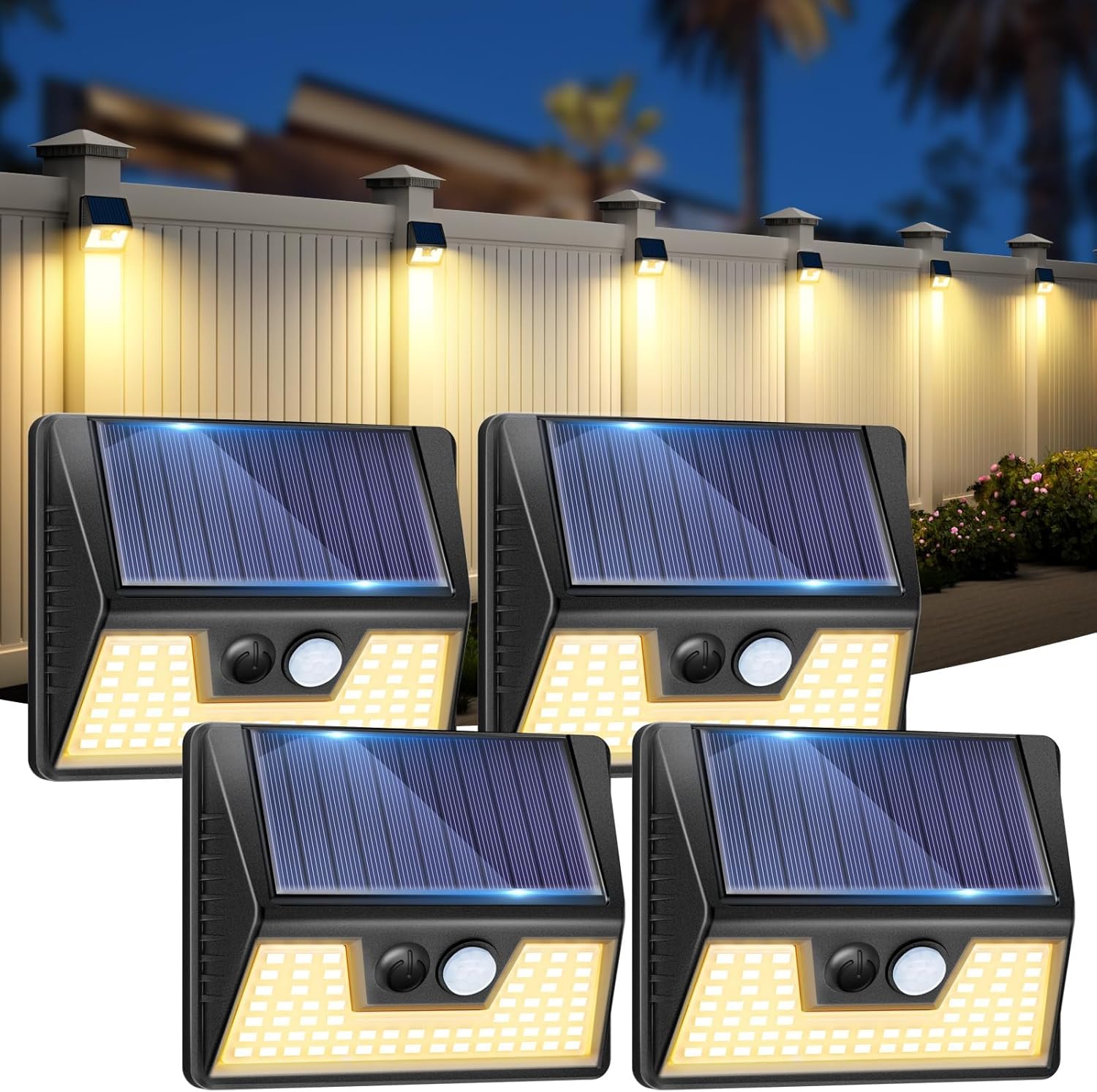 4 Pack Solar Fence Lights, Waterproof Motion Sensor Deck Outdoor, Warm White LED Outside Wireless for Wall Yard Steps Stairs Garden - Black