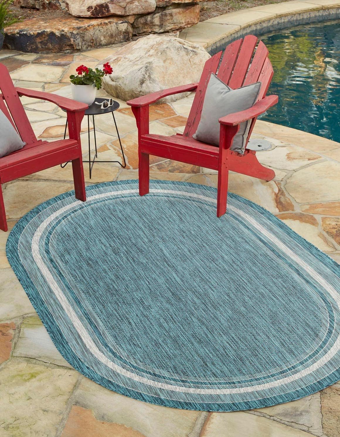 Unique Loom Outdoor Border Collection Area Rug - Soft Border (7' 10" x 10' Oval, Teal/ Ivory)