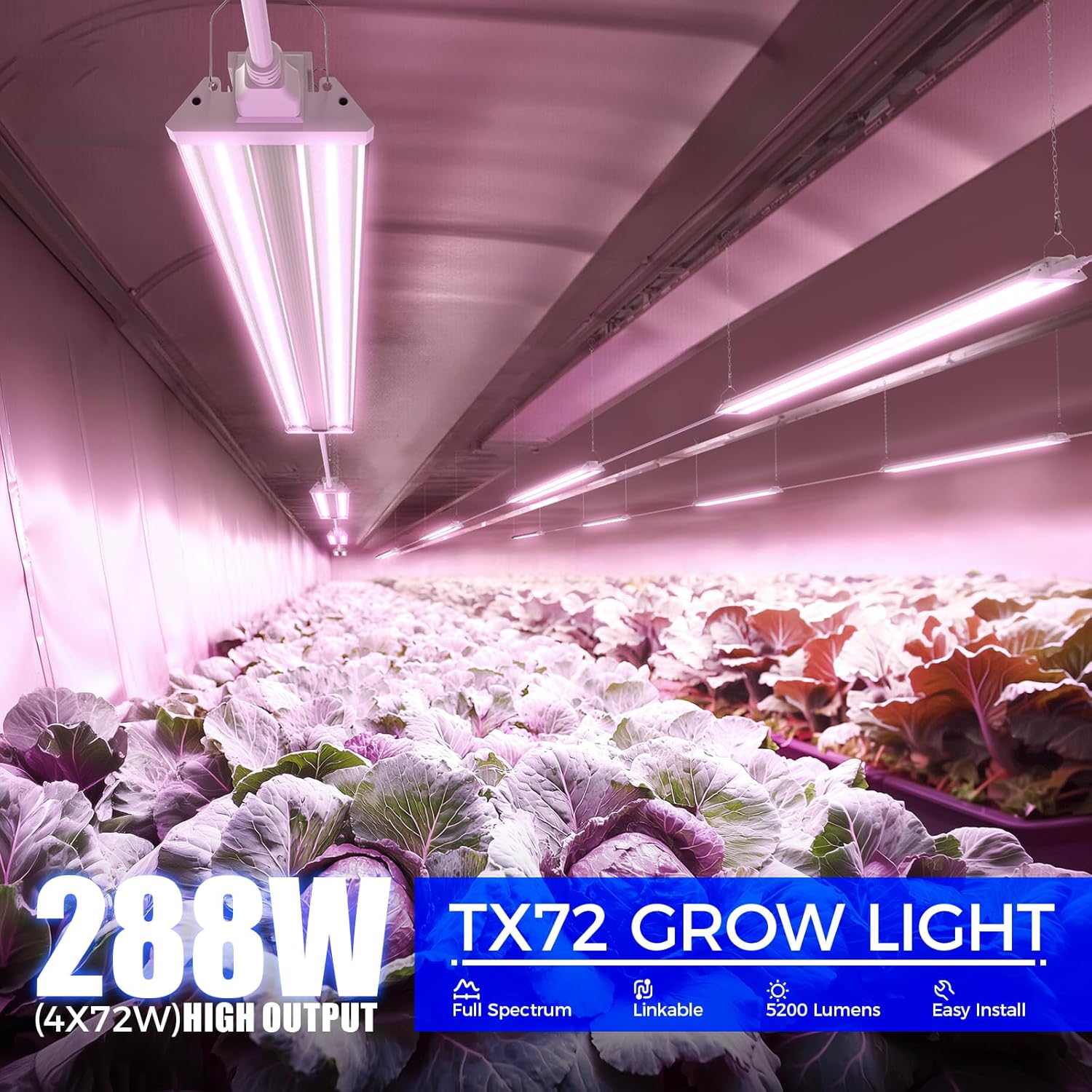 Barrina TX72 4FT Grow Lights for Seed Starting, 288W(4 x 72W, 2000W Equivalent), Full Spectrum, Linkable, High PPFD, Mechanical Timer, Grow Lights for Indoor Plants with On/Off Switch, 4 Packs