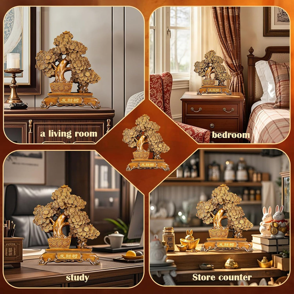 FENGSHUI-CAISHEN Top Resin Money Tree, Artificial Bonsai Tree, Handcrafted, Premium Quality, Feng Shui Gift for Abundance Luck and Success (Brown)