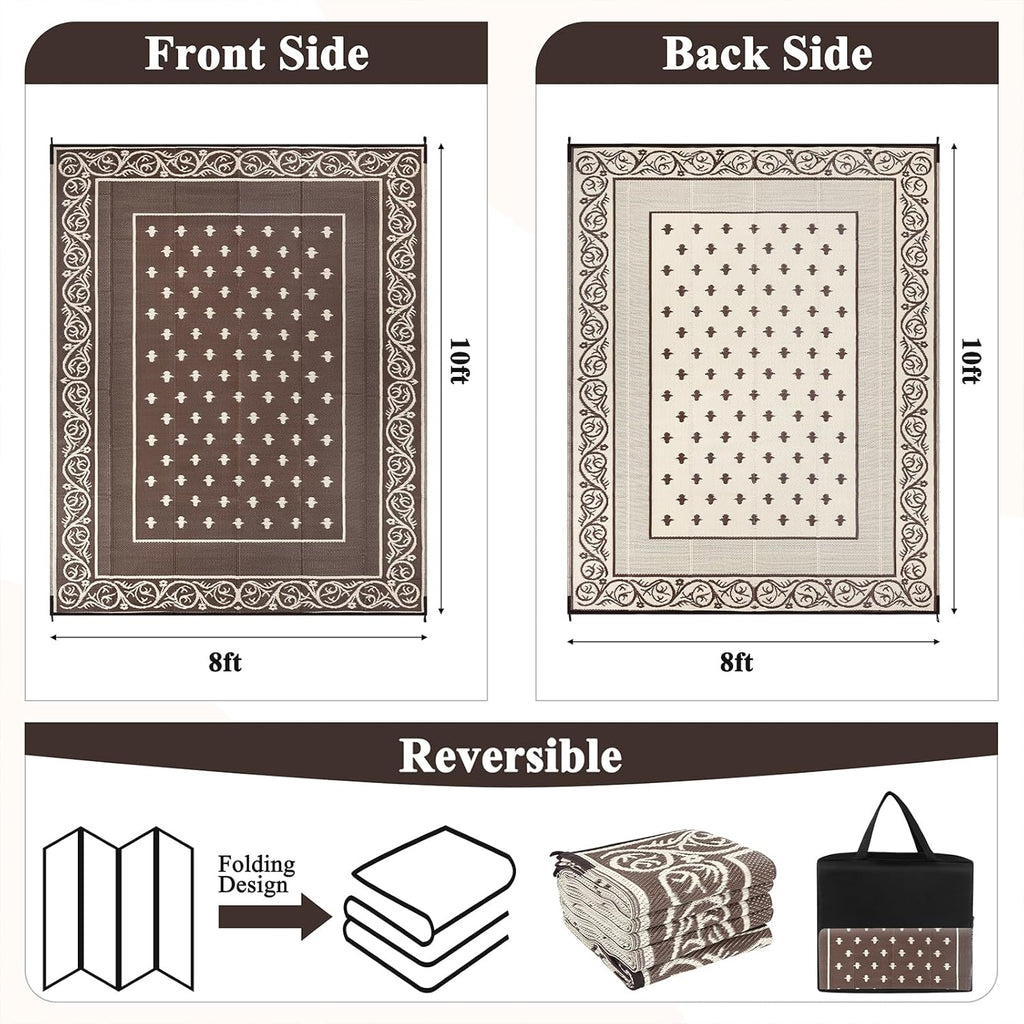 Pauwer Waterproof Outdoor Rug 8x10, Reversible Plastic Straw Patio Camping Rug, Indoor Outdoor RV Mat Carpet for Deck, Camper, Porch, Balcony, Backyard, Picnic, Bordered Brown