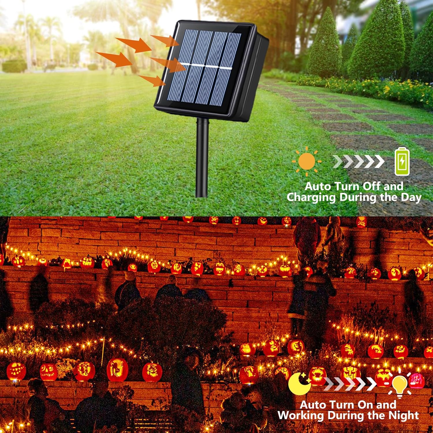 YEGUO Orange Solar Halloween Lights Outdoor Waterproof, 4 Pack Each 33ft 100 LED Solar Fairy Lights, 8 Modes Solar String Lights