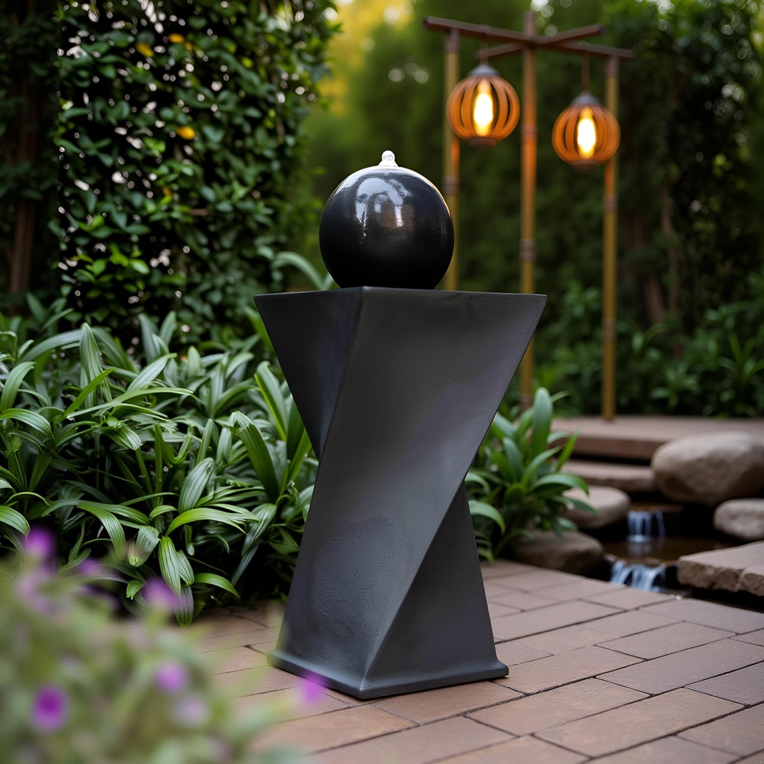 Black Sphere Water Fountain Outdoor –Unique Rotating Curve Design，Modern Zen Water Fountain for Garden, Patio, Indoor Floor Standing Decor,32.28'' Tall (Black)