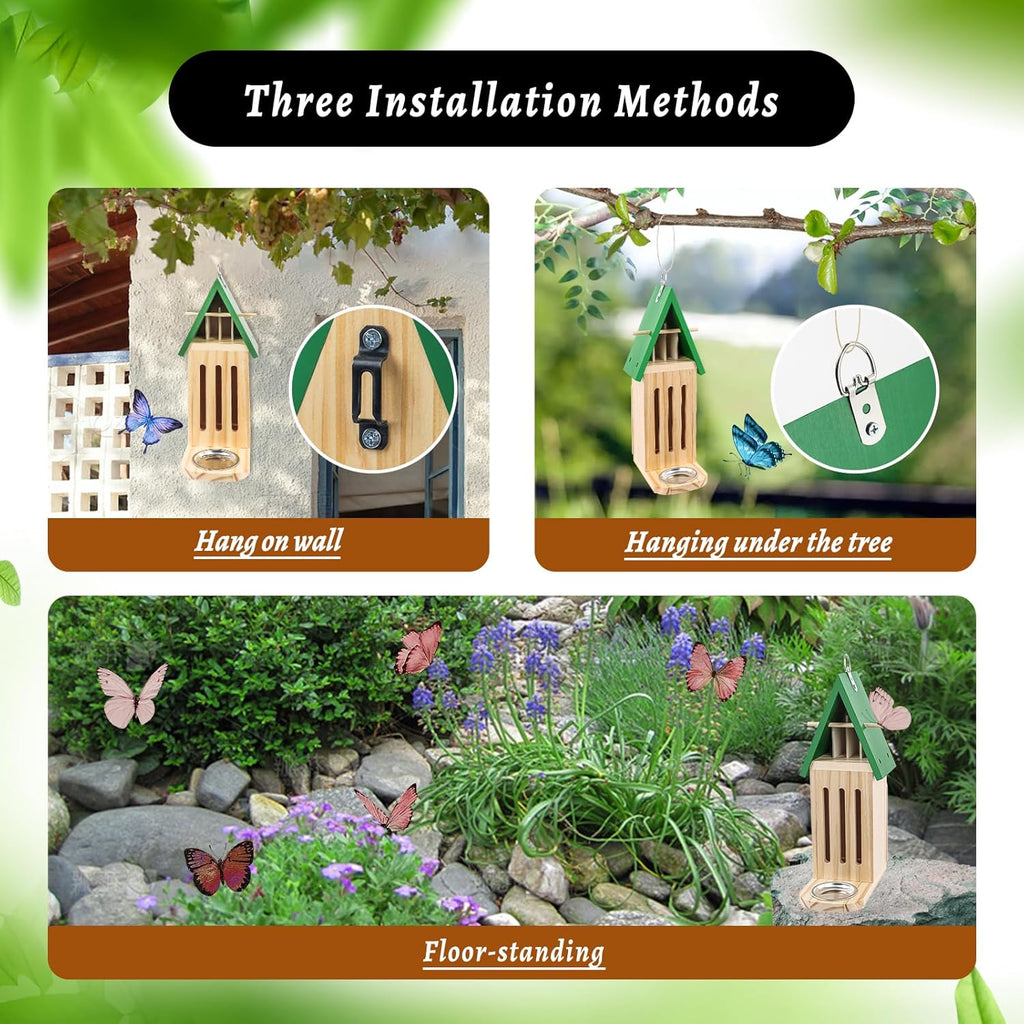 Butterfly House and Feeder for Outside, Wooden Butterfly House for Garden, Natural Butterfly Habitat with Butterfly Puddler on The Floor or Hanging on Tree Wall