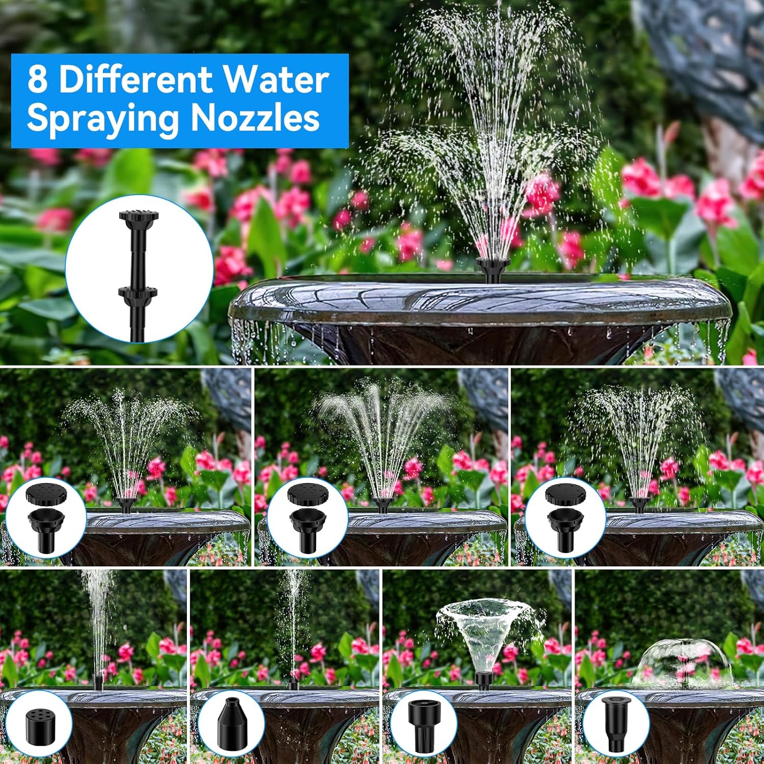 POPOSOAP 6.5W Solar Fountain Pump for Bird Bath Built-in 3000mAh Battery Backup, DIY Solar Water Fountain with Double-Layer Nozzles & Dry-Run Protection 5Ft Tubing for Ponds, Bird Bath, Water Features