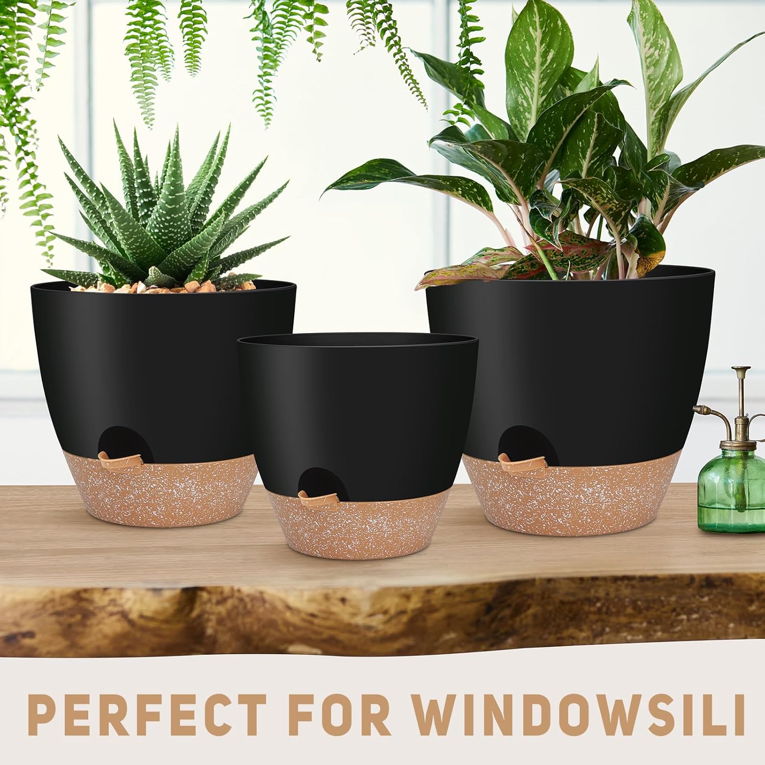 12" 10" 9" Large Self Watering Plant Pots, 3 Pack Flower Pots Planters with Multi Mesh Drainage Holes for Indoor Outdoor Garden Plants and Flowers (Black)