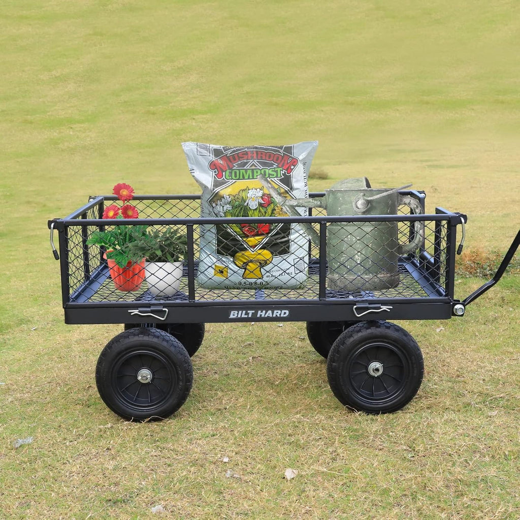 BILT HARD 10" Flat Free Tires Heavy Duty Garden Cart with 180° Rotating Handle and Removable Sides, 4 Cu.Ft 880 lbs Capacity Utility Steel Wagons for Outdoor, Yard