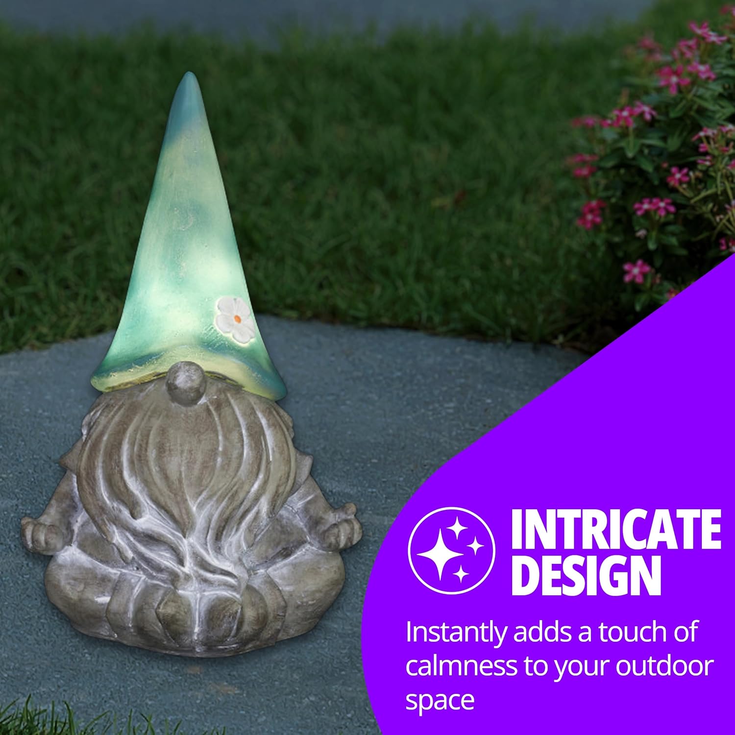 Exhart Garden Sculpture, Meditating Yoga Solar Garden Gnome Statue, LED Flower Hat, Outdoor Garden Decoration, 7 x 11.5 Inch, Teal