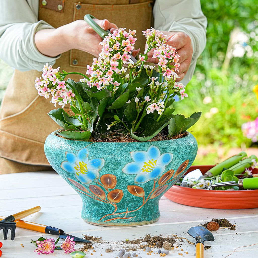 Sungmor 9.6 Inch Large Succulent Plant Pots, Pretty Hand Painted Ceramic Planter with Drainage, Indoor Outdoor Cactus Planter Bonsai Pot, Flower Pot for Indoor Plants Garden Windowsill Desktop Decor