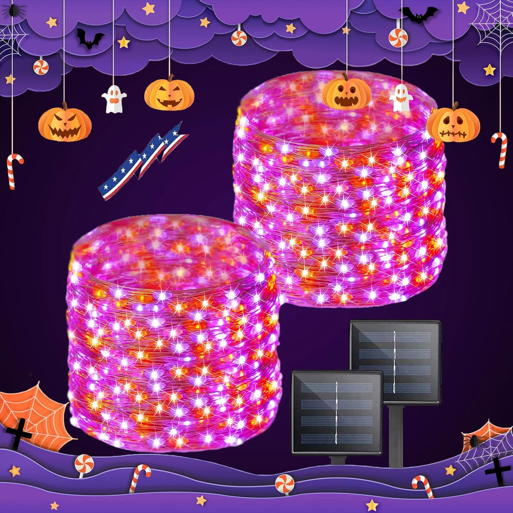 Purple and Orange Halloween Solar String Lights Outdoor, 2 Pack 80FT 200LED Solar Twinkle Lights Outside Waterproof, Copper Wire 8 Modes Lights for Halloween Decoration Outdoor