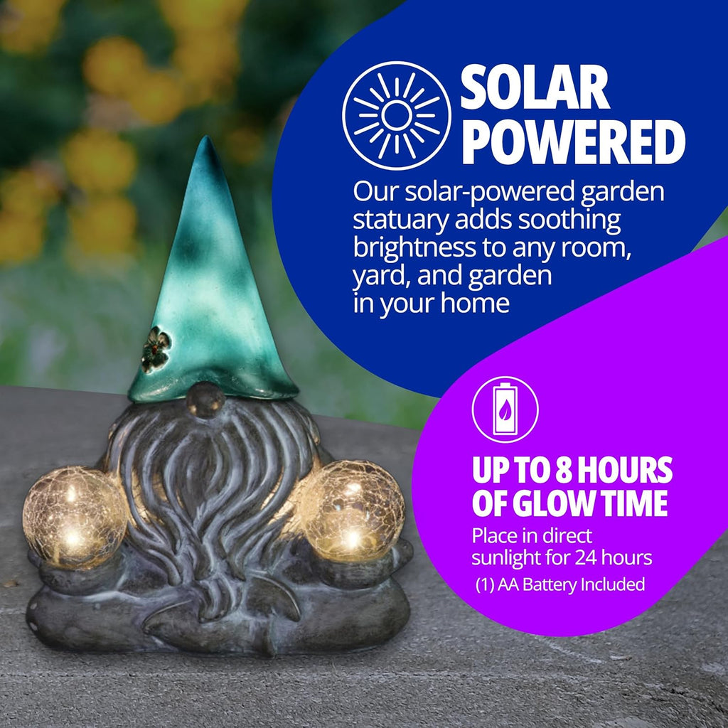 Exhart Garden Sculpture, Meditating Yoga Solar Garden Gnome Statue. LED Flower Hat with 2 Glass Crackle Balls, Outdoor Garden Decoration, 9 x 11.5 Inch