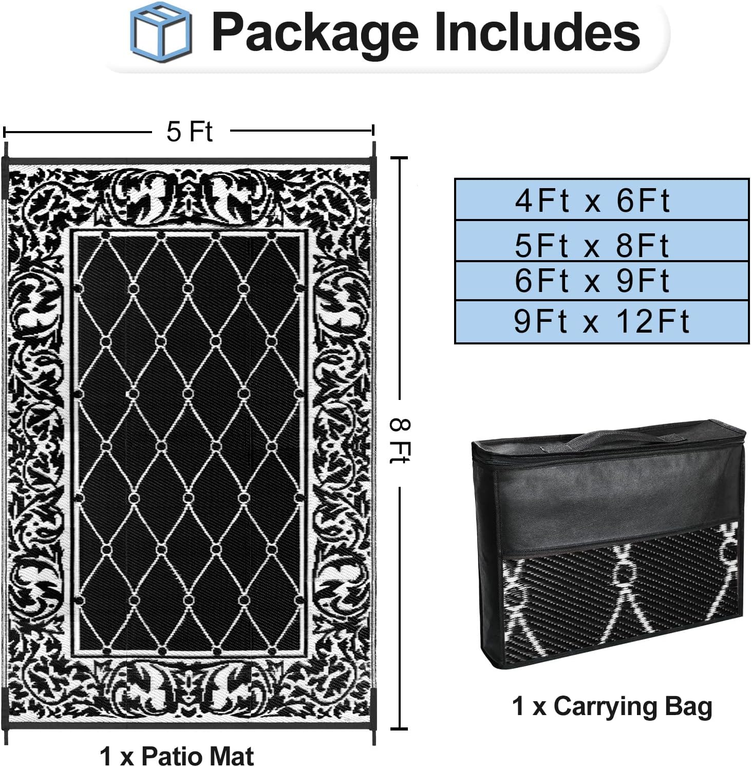 OutdoorLines Indoor Outdoor Rugs for Patio 5x8 ft - Reversible Outside Carpet, Stain & UV Resistant Portable RV Mats, Plastic Straw Rug for Camping, Pool Deck, Porch Rhombus Black & White