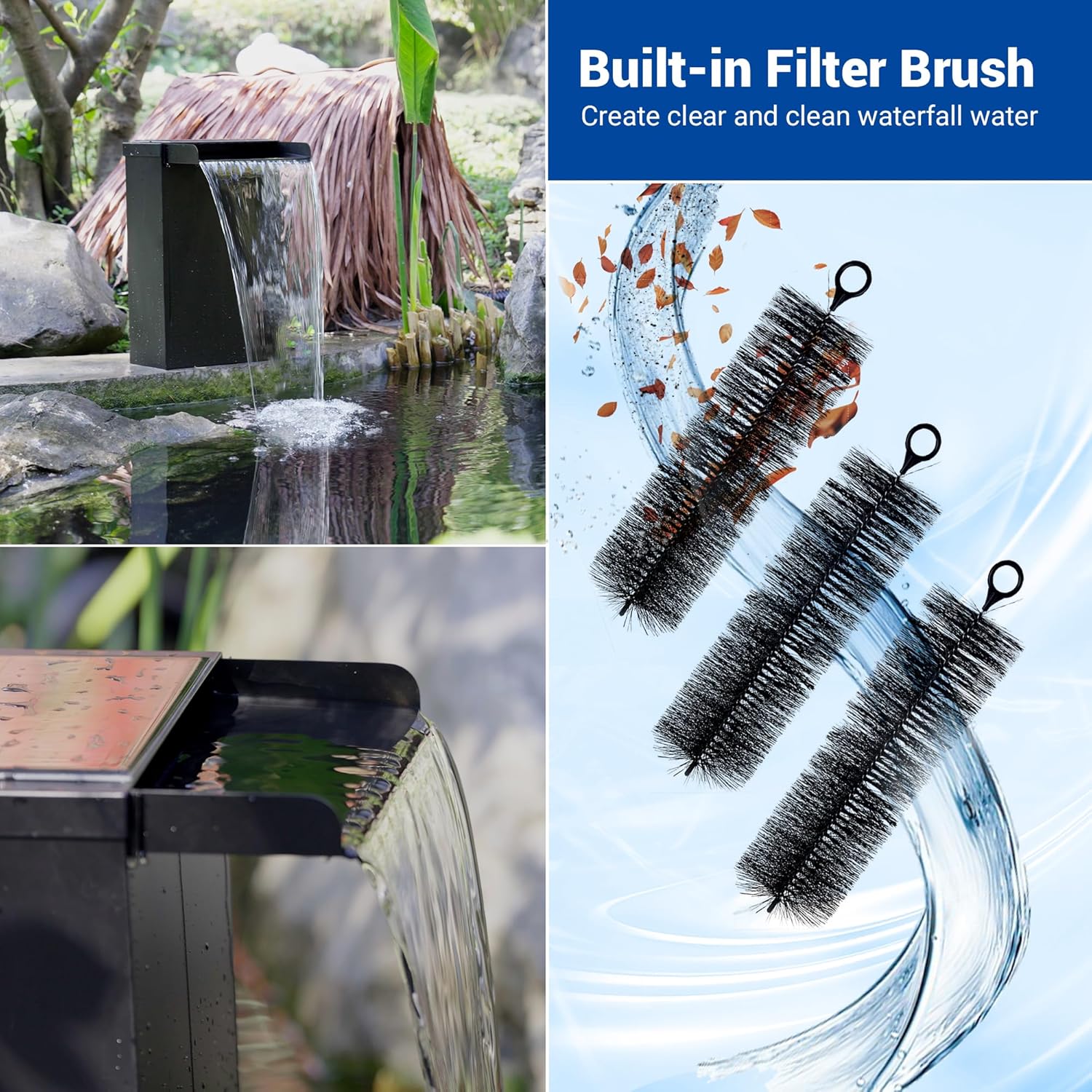 NFESOLAR Pond Waterfall Spillway Kit, Includes Large 7.8" W 13.4" H Stainless Waterfall Box, 660GPH Water Pump, Blue LED Lights for Garden Outdoor Pond 500-1500 Gallons N4213