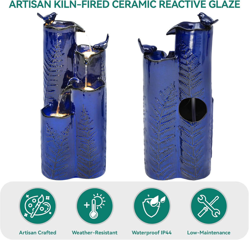 32" H Ceramic Outdoor Water Fountain with LED Lights, 4-Tier Vase Outdoor Fountain, Cobalt Blue Glaze, Embossed Fern Pattern, Cascading Waterfall for Tranquil Garden, Patio, or Porch