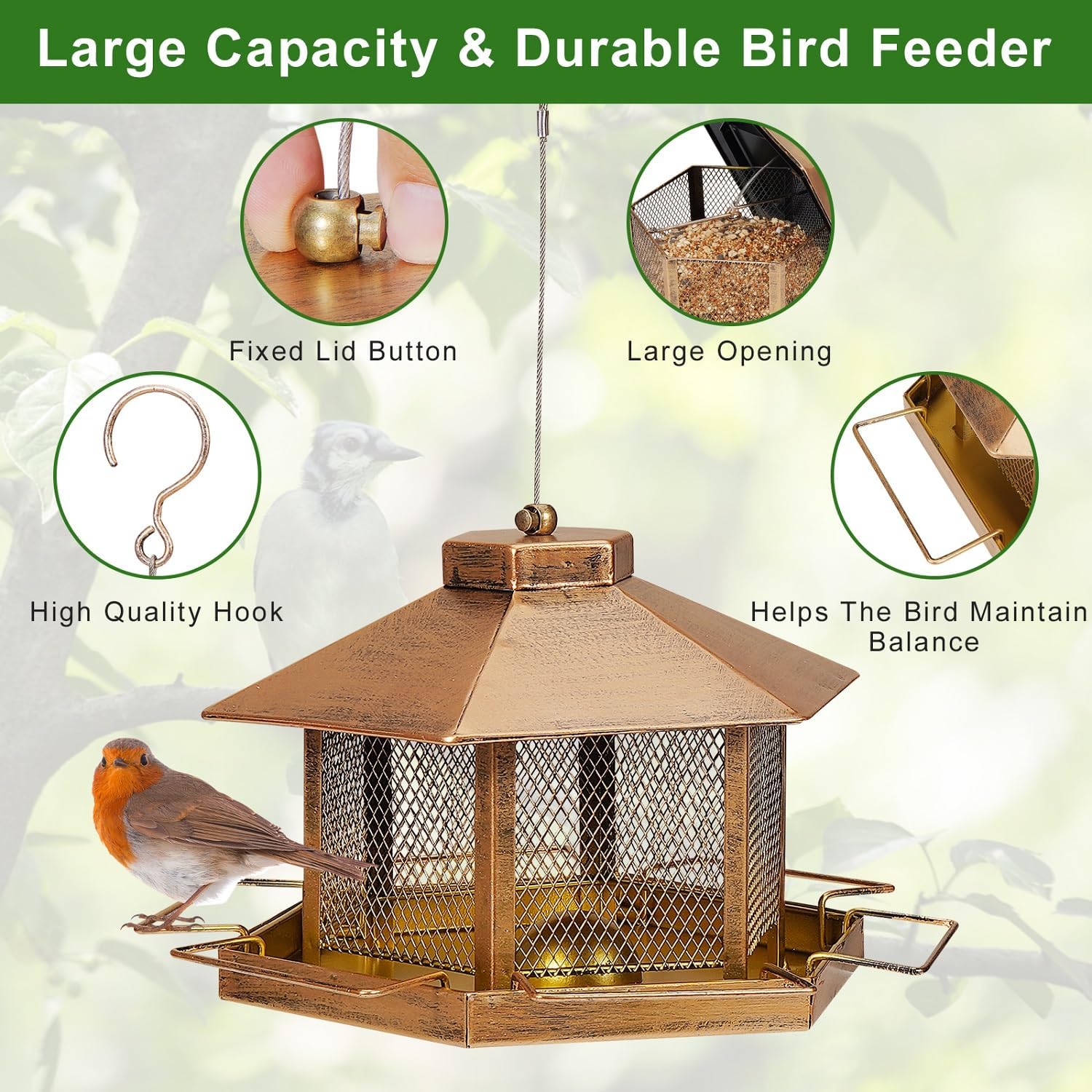 Metal Bird Feeder for Outdoor Hanging, 4.6LB Large Capacity, Garden Decoration - Attracts Wild Birds, Durable Outdoor Bird Feeding Station for Garden Yard Outside Backyard (Extra Large Gold)
