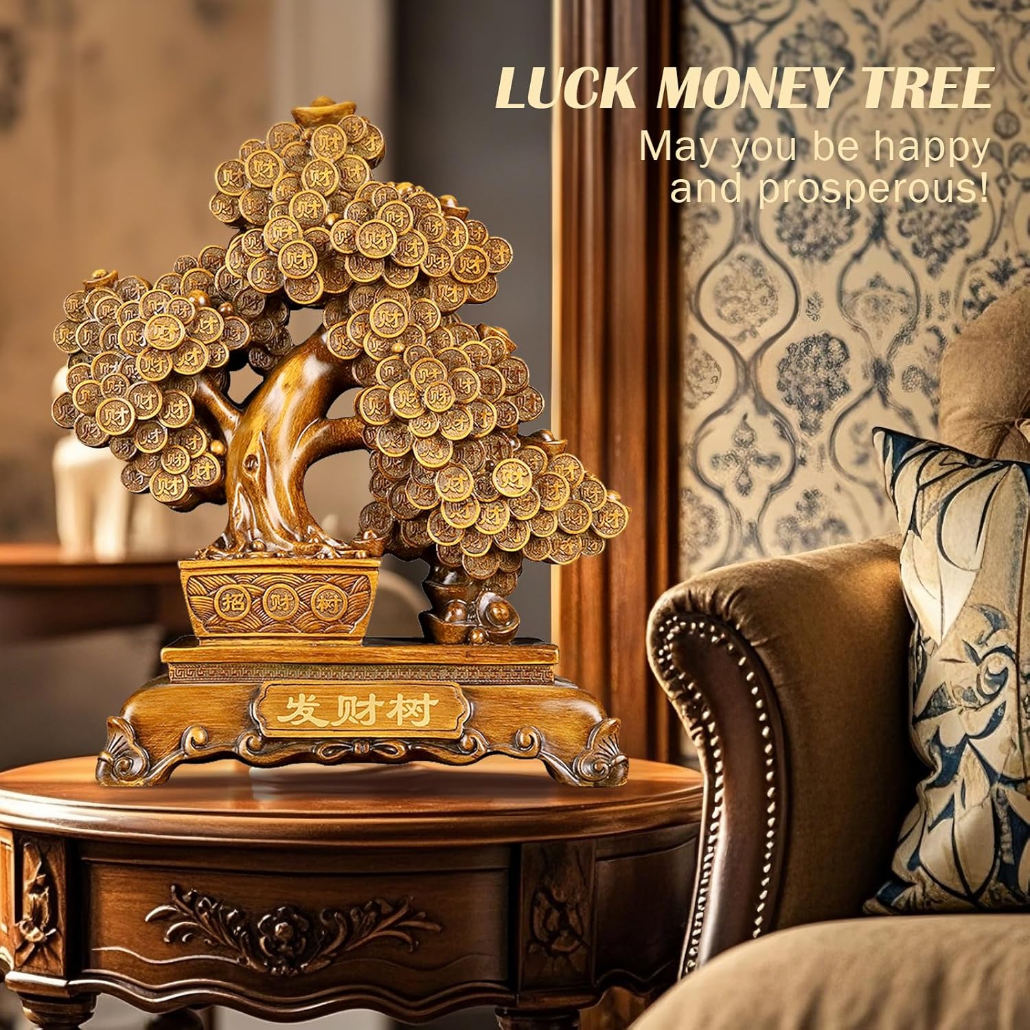 FENGSHUI-CAISHEN Top Resin Money Tree, Artificial Bonsai Tree, Handcrafted, Premium Quality, Feng Shui Gift for Abundance Luck and Success (Brown)