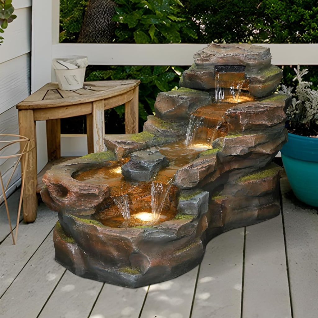 Water Fountain Outdoor Floor Standing 5-Tiers Rock Natural Waterfall Outdoor Garden Fountains with LED Lights for Patio, Porch, Home Art Decor